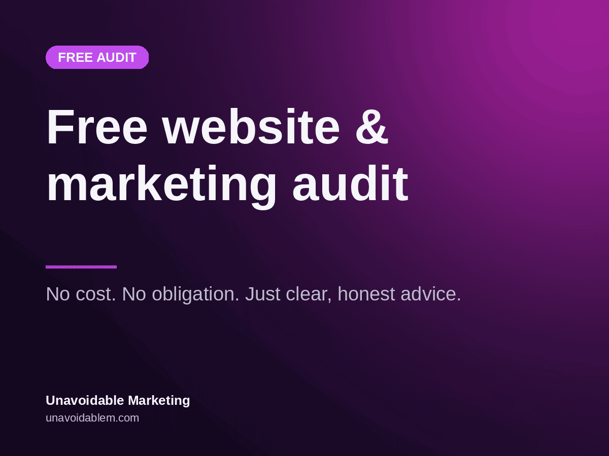 Purple Unavoidable Marketing card promoting a free website and marketing audit
