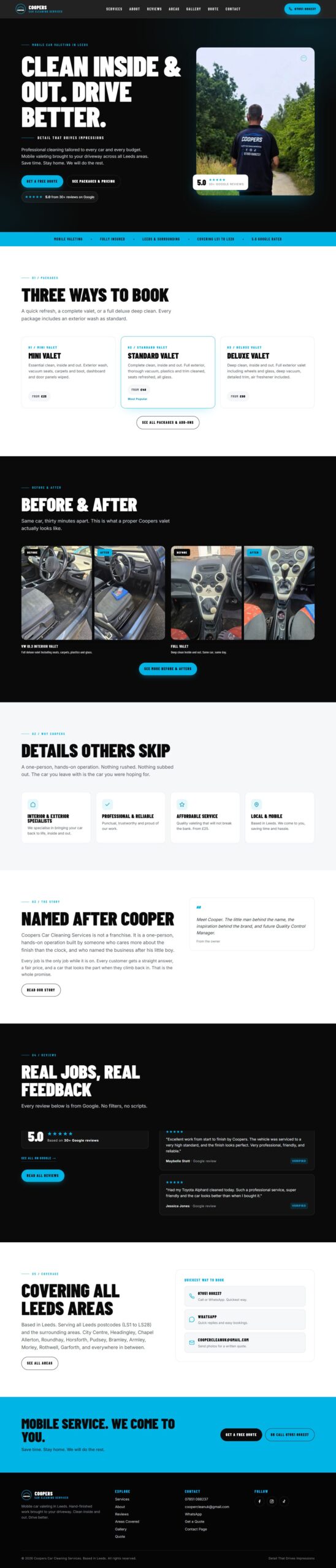 Full homepage of the Coopers Car Cleaning website