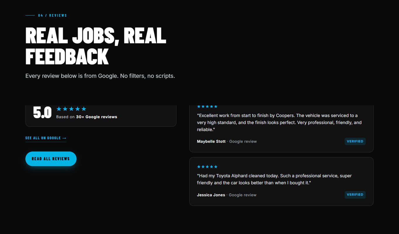 Coopers Car Cleaning website Google reviews section