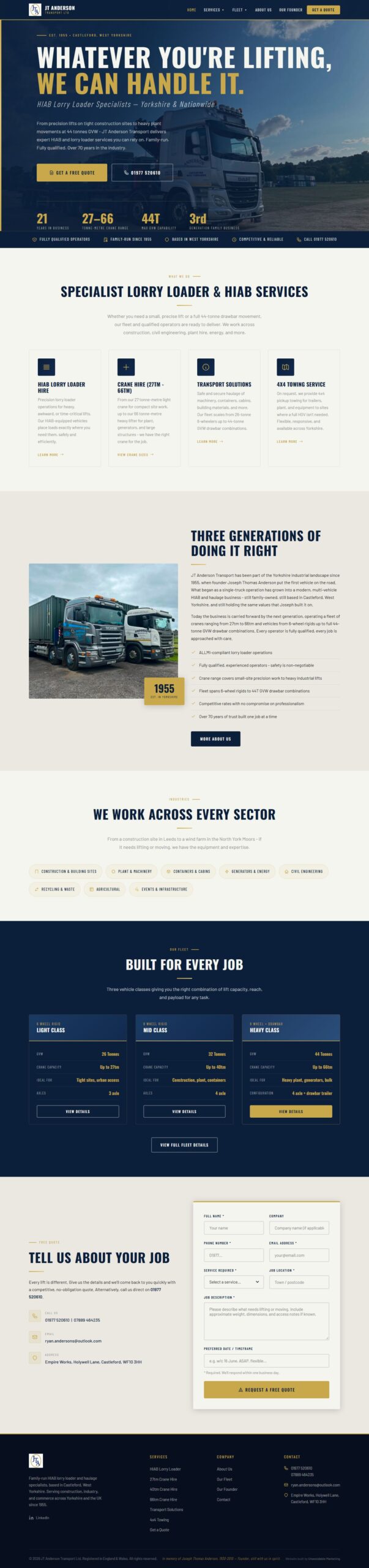 Full homepage of the JT Anderson Transport website