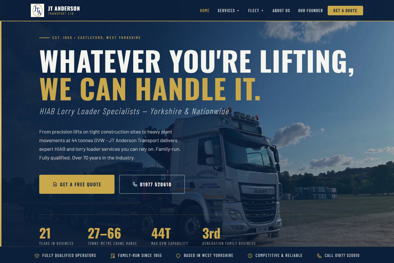 JT Anderson Transport website homepage hero