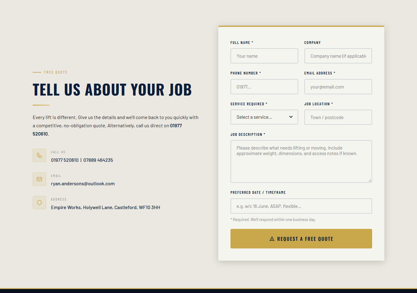 JT Anderson Transport website quote request form