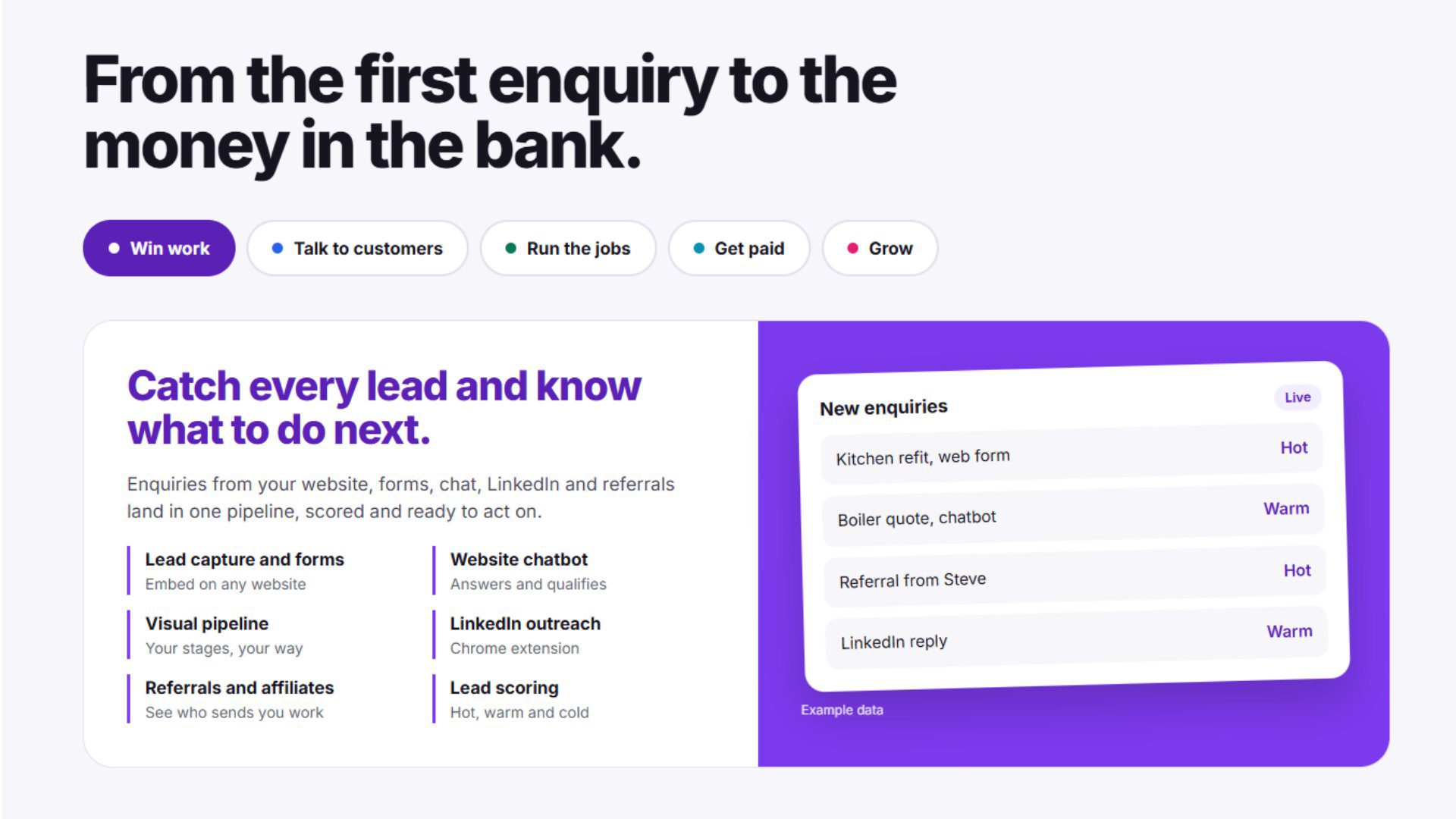 Unavoidable CRM website section showing the journey from first enquiry to payment