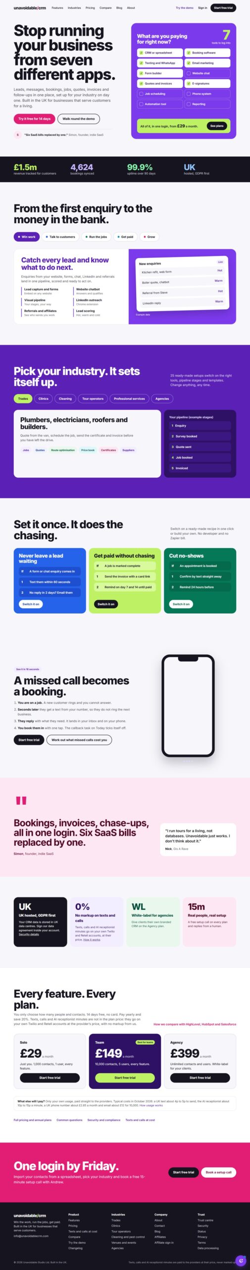 Full homepage of the Unavoidable CRM website