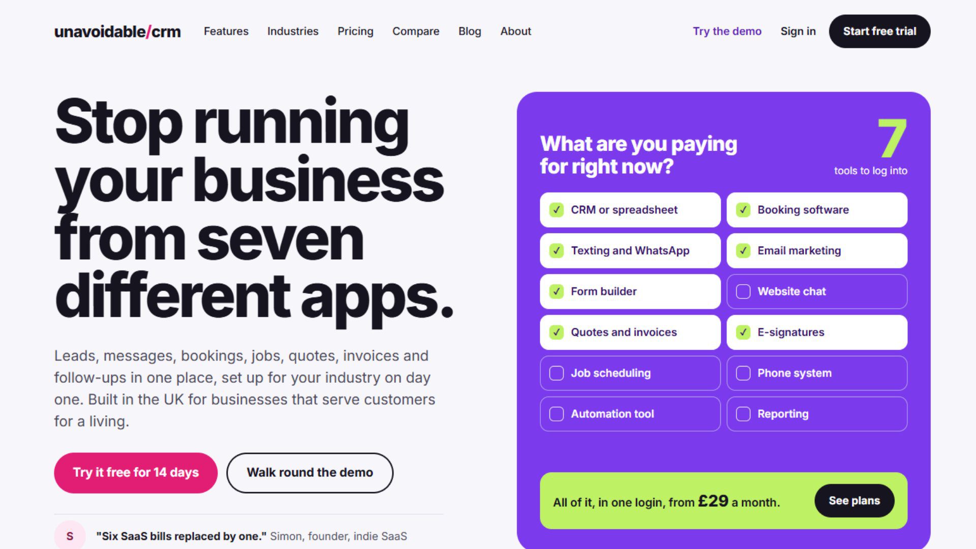 Unavoidable CRM website homepage with the seven apps checklist
