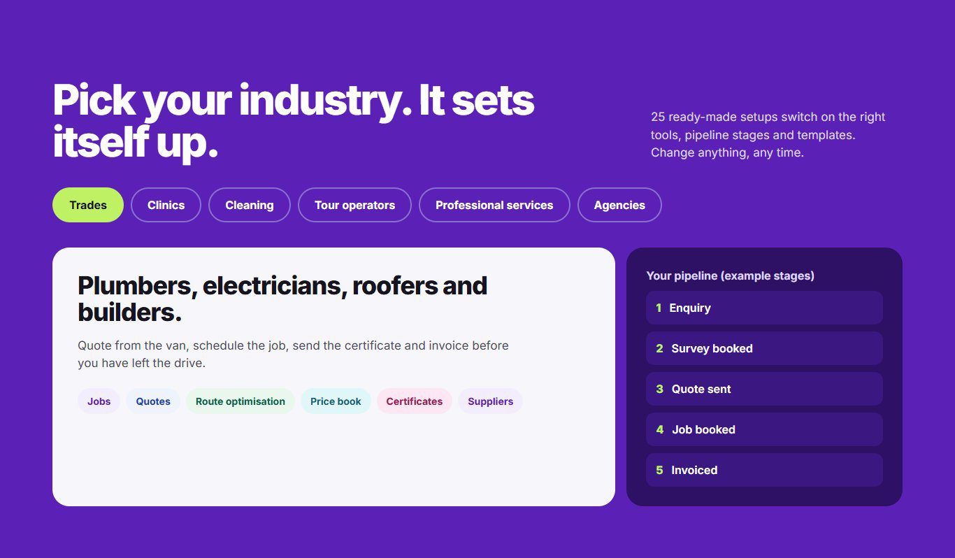 Unavoidable CRM website industry picker with ready-made setups